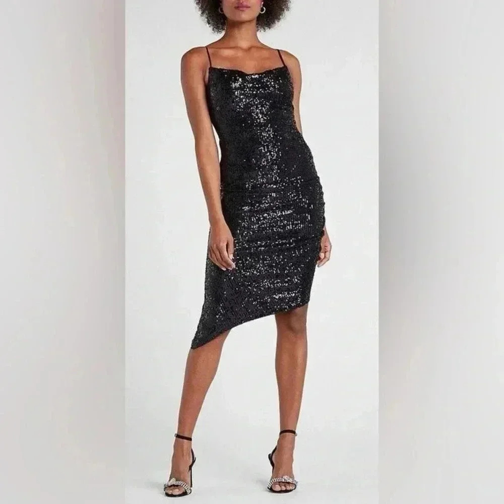 EXPRESS‎ COWL NECK BLACK SEQUIN STRETCHY DRESS XS
